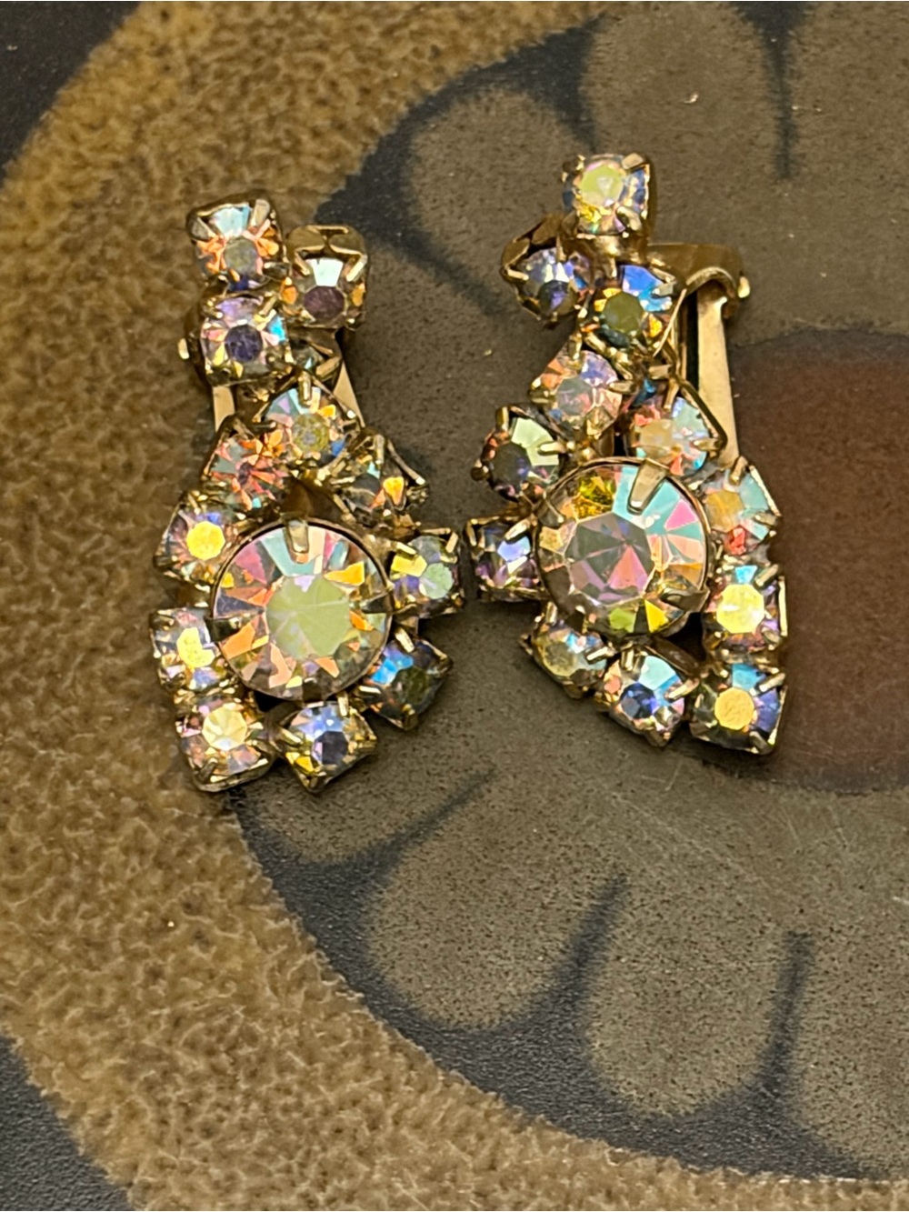 Vintage Aurora Crystal Gold-Tone Clip-On Earrings - Iridescent AB Stones